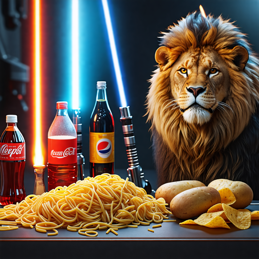 noodle, lightsaber, lion, pepsi, potato chip